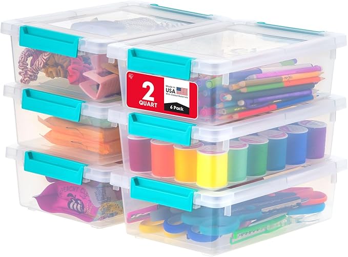 IRIS USA 2 Qt. Craft Storage Bins with Lids, 6-Pack, |Made in USA|, Clip Box, Small Plastic Sensory Bin Tote Organizer Containers for Art Supplies, Paper, & Office, Stackable - Clear/Seafoam Blue