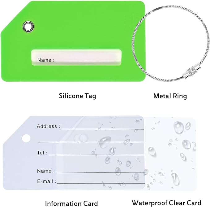 10 Pack Silicone Luggage Tag for Suitcases with Stainless Loop, TSA Approved, Privacy Protection Travel Essentials Bag Tags by Gostwo, Green