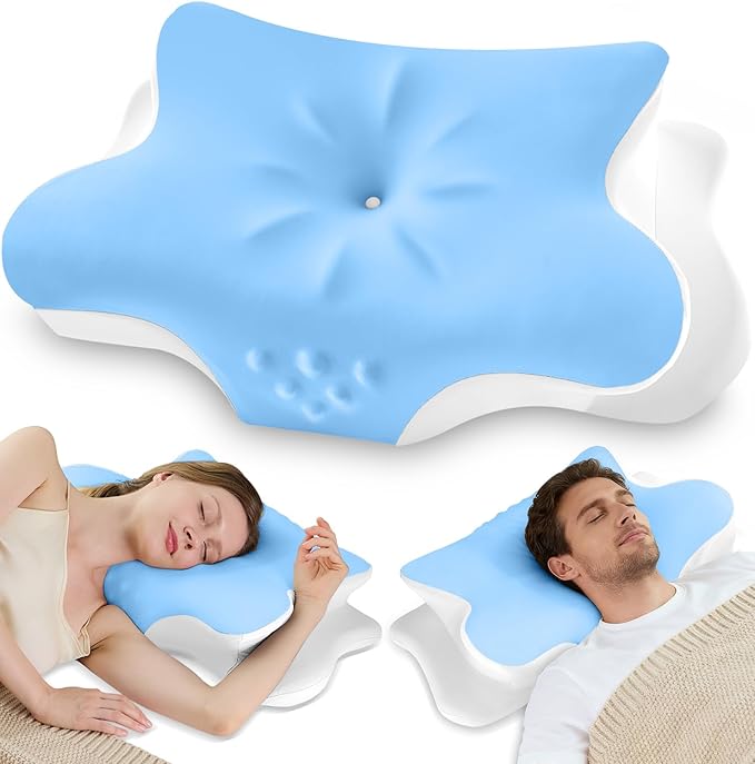 Cervical Neck Pillow for Pain Relief – Ergonomic Memory Foam Pillow for Side Sleeper Contour Orthopedic Bed Pillow for Neck Support with Cooling Cover – Ideal Christmas Birthday Gift for Women -Blue