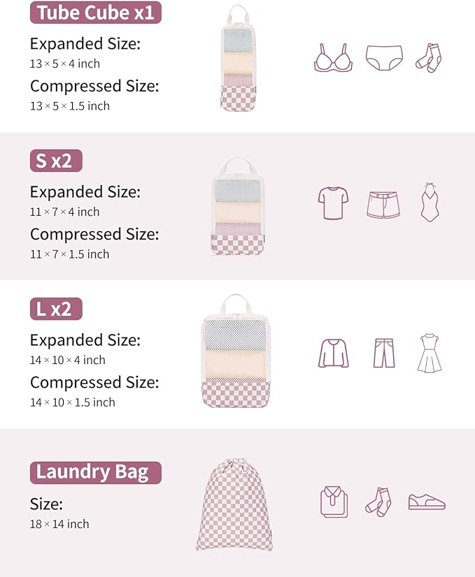 Narwey 6 Set/5 Set Compression Packing Cubes for Travel Kids Women Carry on, Packing Organizers Bag for Backpack Luggage Suitcase Duffle Bags