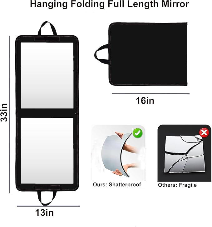 LPHUMEX 33x13 in Portable Mirror Full Length Door Hanging, Black Foldable Shatterproof Full Body Door Mirror for Dancing Bag, Travel