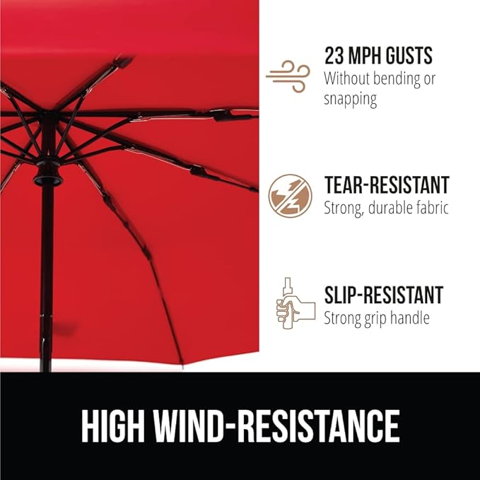 GORILLA GRIP Strong Windproof Stick Compact Umbrella for Rain, One-Click Automatic Open and Close, Durable Quick Dry Waterproof Material, Lightweight and Portable, Travel Size Fits Backpack, Red