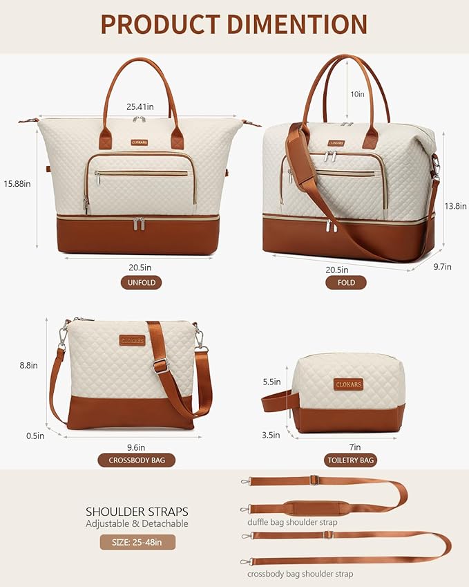 Large Women Travel Duffle Bag, Weekender Bag Overnight Bag with Shoe Compartment, Carry on Bag with Crossbody Purse for Over Night, Weekend, Yoga, Gym, Business Trips, Hospital, Beige Brown