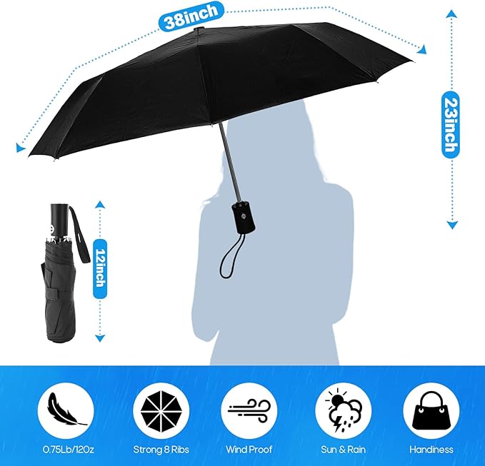 Travel Compact Umbrella, Folding Travel Umbrella for Rain and Shine Small, Windproof Automatic Open/Close, Portable Umbrellas