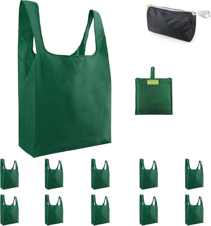BeeGreen Christmas Green Reusable Grocery Bags with Zipper Storage Pouch 10 Packs Dark Green Reusable Shopping Bags Bulk Foldable-Machine Washable