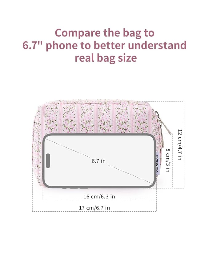 Narwey Small Cute Floral Makeup Bag for Purse Mini Cosmetic Bag Travel Makeup Pouch Zipper Pouch Cute Make up Bags with Compartments for Women Girls (Pink Flower Buds, Small)