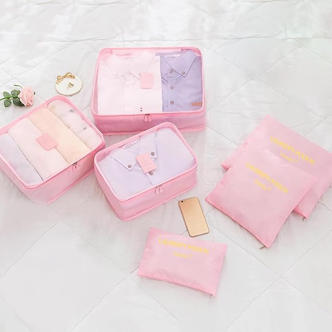 6 Set Packing Cubes for Travel Luggage Packing Bags Reusable Waterproof Suitcase Organizer Bags Set with Shoe Bag and Toiletry Bag (Pink)