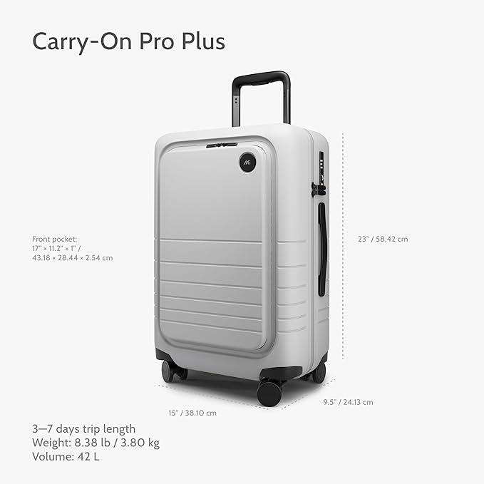 Monos Carry-On Pro Plus Luggage (23"), Hardside Spinner Suitcase with TSA Lock & Front Pocket, Airline Approved, Stellar White