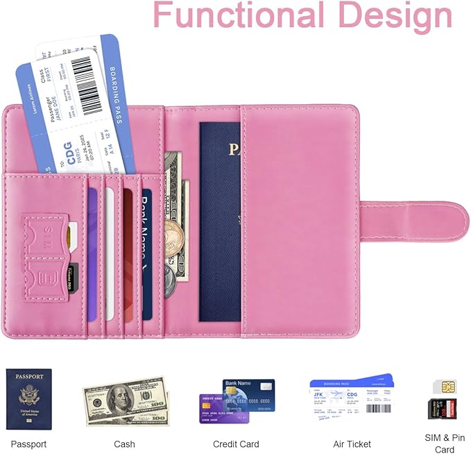 Passport Holder Cover Initail Letter A-Z Travel Wallet Embossed Design RFID Blocking Card Holder Personalized Gift Passport Cover Wallet, Passport Book Holders for Women and Girls, Pink-L