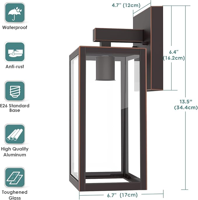 MAXvolador Outdoor Wall Light Fixture, Exterior Waterproof Wall Lantern | Porch Wall Sconce Large Oil Rubbed Bronze, Anti-Rust, E26 Socket, Clear Glass, Outside Wall Mount Light, Front Door Lighting