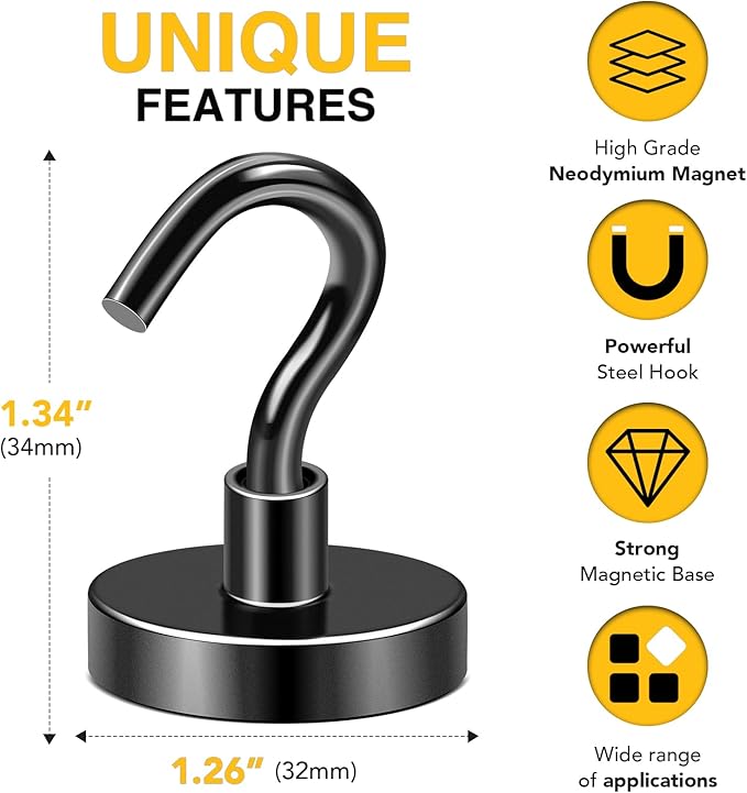 DIYMAG Black Magnetic Hooks, 120 LB Heavy Duty Strong Magnet with Hook, Rare Earth Neodymium Magnets for Hanging, Magnetics Hanger for Curtain, Home, Kitchen, Workplace, 20 Packs