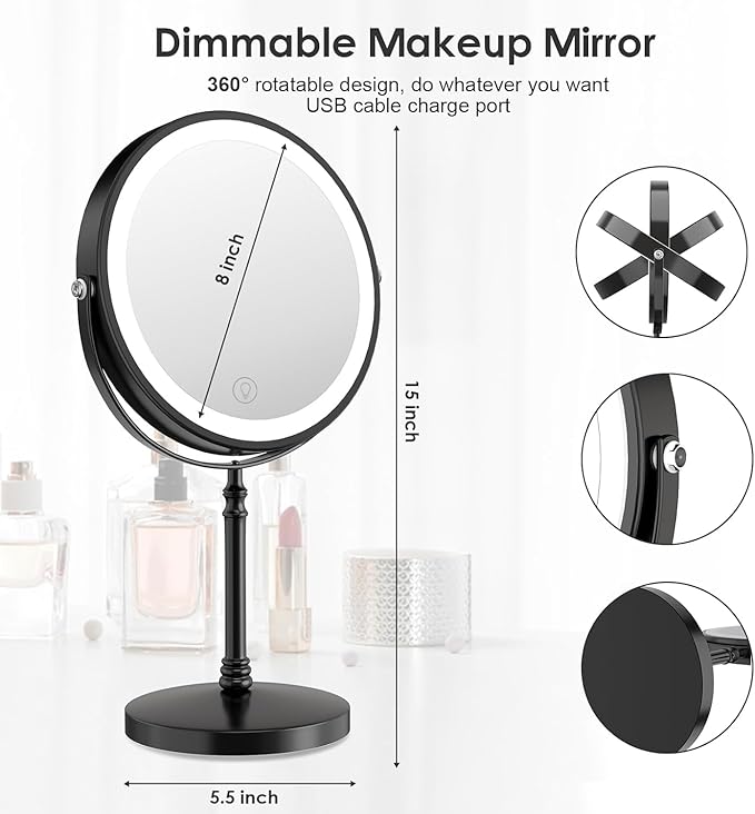 DEIOVWXS Makeup Mirror, 3000mAh Rechargeable Double-Sided Magnifying Vanity Mirror with 3 Colors, 1X/10X, 360° Rotation, Adjustable Brightness, Gifts for Mom, Women,Wife, Girls, Dorm Room Essential