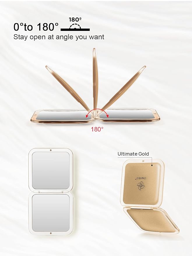 OMIRO Folding Compact Mirror, 1X/15X Magnification 3½” Pocket Size Square Hand Mirror for Travel Makeup (Gold)