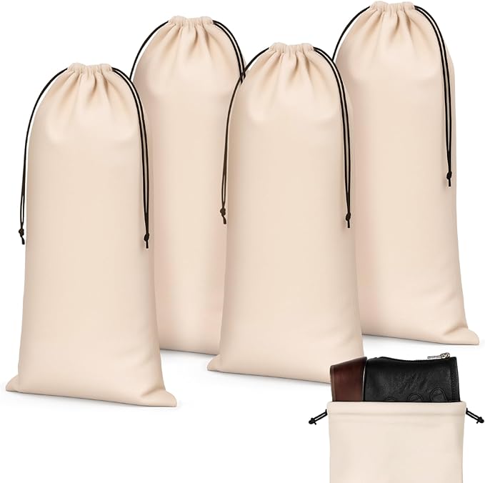 Amylove 4 Pcs Flannel Cloth Shoe Bags for Travel, 8 x 17 Inches Dust Pouch with Drawstring Closure, Washable Breathable Cotton Fabric for Luggage(Beige)
