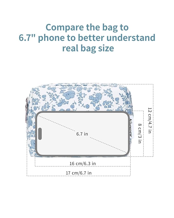 Narwey Small Cute Floral Makeup Bag for Purse Mini Cosmetic Bag Travel Makeup Pouch Zipper Pouch Cute Make up Bags with Compartments for Women Girls (Blue Flower, Small)