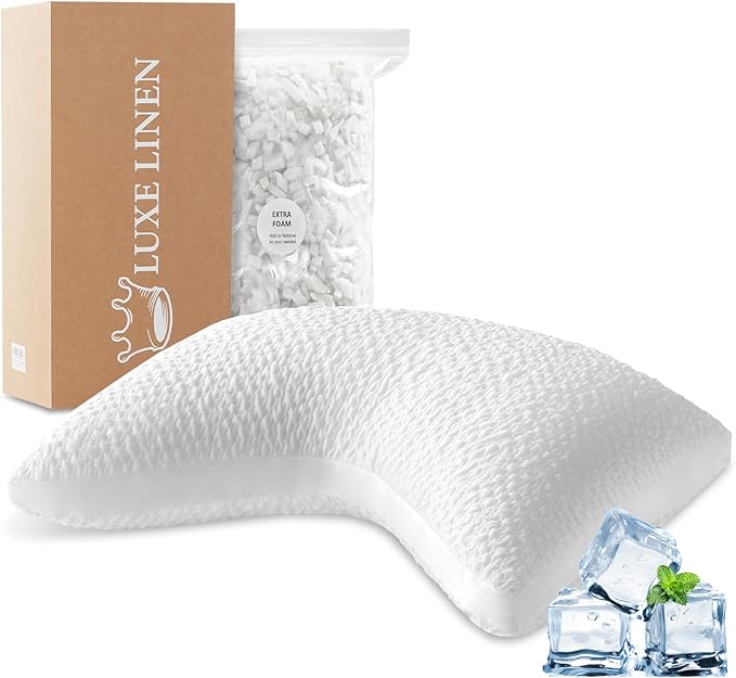 Side Sleeper Pillows for Adults, Adjustable Shredded Memory Foam Bed Pillows for Neck and Shoulder Pain, Standard White Cooling Curved Pillows with Washable Cover