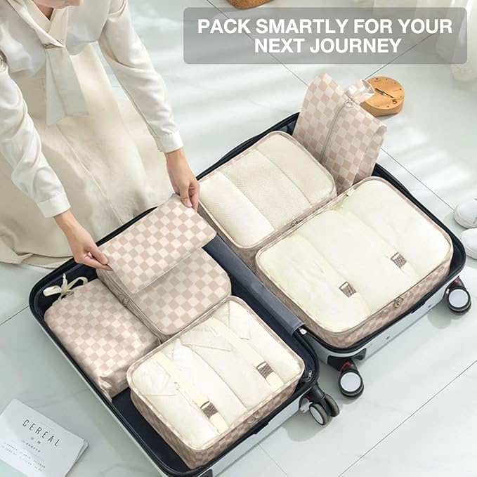 8 Set Packing Cubes for Suitcases,Packing Cube with Shoe, Cosmetics, Clothing, and Accessories Bags Packing Cubes for Travel Luggage Organizer Women Men(Khaki Grid-A)