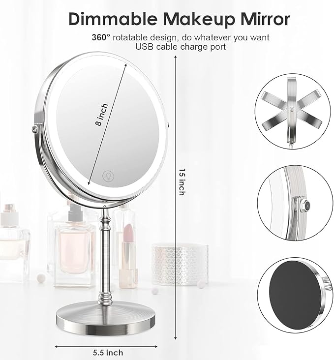 DEIOVWXS Makeup Mirror, 3000mAh Rechargeable Double-Sided Magnifying Vanity Mirror with 3 Colors, 1X/10X, 360° Rotation, Adjustable Brightness, Gifts for Mom, Women,Wife, Girls, Dorm Room Essential