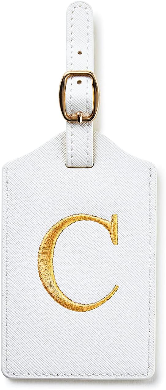 Initial PU Leather Luggage Tag - Embroidered, Monogrammed Letter for Baggage, Bag, Suitcase (C, White Leather+Gold Letter)