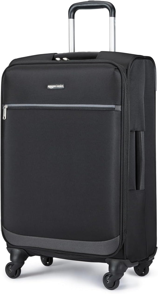 Amazon Basics 23" Medium Checked Softside Luggage Suitcase with Spinner Wheels, Expandable Space, Zippered Pockets, Telescopic Handle, Black