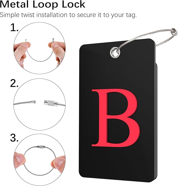 Gostwo 2 Pack Luggage Tags for Suitcases, 26 Initial Letter Travel Luggage Baggage Identification Labels ID Tag Fully Bendable Tags with Stainless Steel Loop (Black) (Letter B)