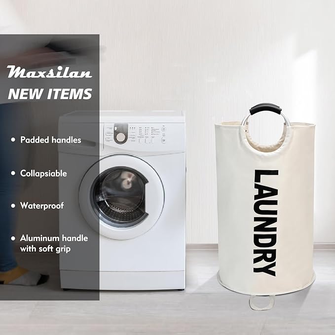 90L Large Laundry Basket, Freestanding Tall Clothes Hamper, Collapsible Laundry Bag, Beige