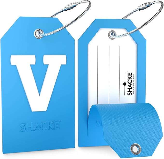 Shacke Initial Luggage Tag with Full Privacy Cover and Stainless Steel Loop - Aqua Teal (Letter V)
