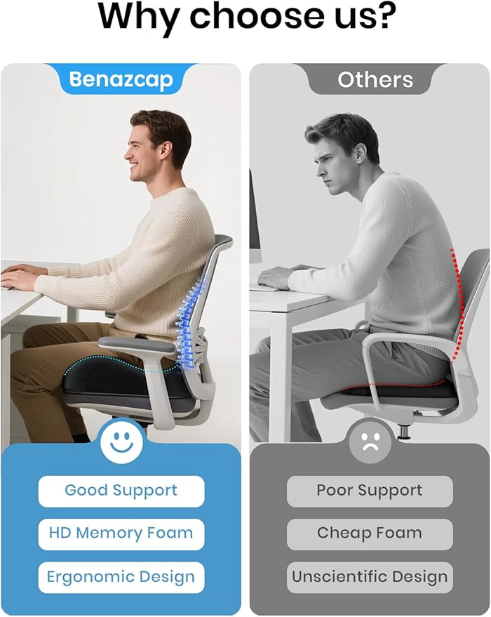Benazcap Large Memory Foam Office Chair Cushion Seat Pad, Ergonomic Seat Cushion for Sciatica, Tailbone & Back Pain Relief, Car Seat Cushions for Driving