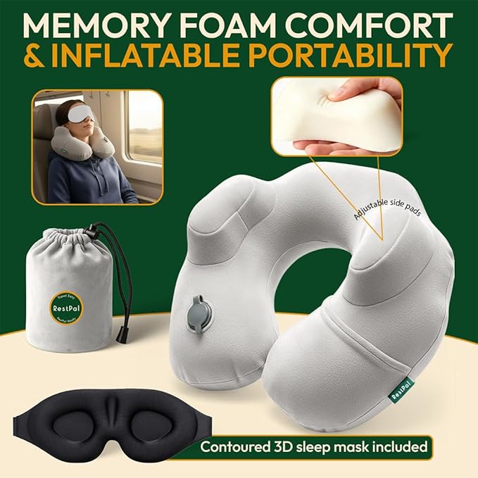 Inflatable Travel Neck Pillow with Adjustable Memory Foam Sides | Lightweight, Soft & Portable Support (Light Gray, Standard)