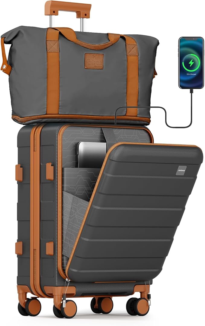 imiomo Carry on Luggage Airline Approved with Front Pocket and USB Port, Hard Shell 20 Inch Travel Carry-on Suitcase with Spinner Wheels and TSA Lock, Grey