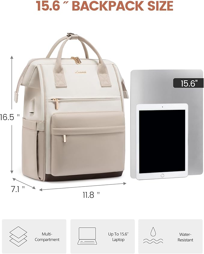 LOVEOVOOK 15.6 Inch Laptop Backpack for Women, Large Capacity Travel Backpack with USB Charging Port, Waterproof Work Backpack for Business, College, Nursing & Airline Travel,Nude White