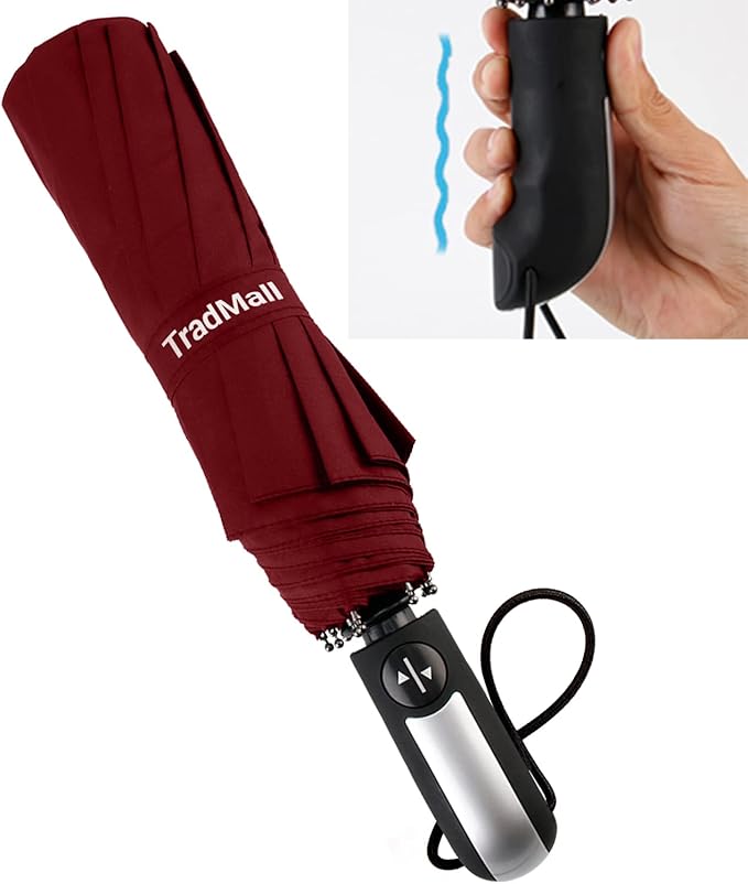 TradMall Travel Umbrella Windproof with 46 Inches Large Canopy 10 Reinforced Fiberglass Ribs Ergonomic Handle Auto Open & Close, Red