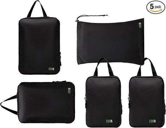 Compression Packing Cubes Travel Organizers plus Laundry or Shoe Bag (Black, 5 Piece)