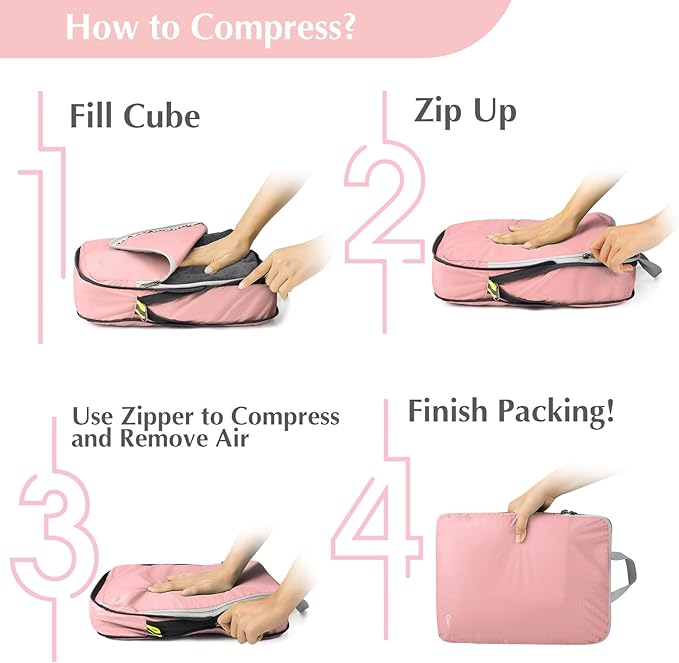 Gonex Compression Packing Cubes, 6pcs Expandable Storage Travel Luggage Bags Organizers with Shoe Bag, Clear Toiletry Bag (Pink)