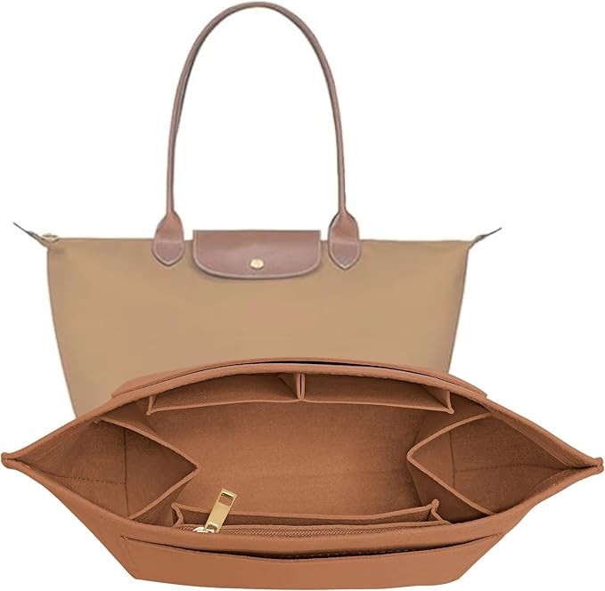 LOUKAYCCI Purse Organizer Insert for Longchamp Le Pliage M Handbag Insert Felt Long Champ Tote Bag Organizer Insert with Cup (EarthColor, Medium)
