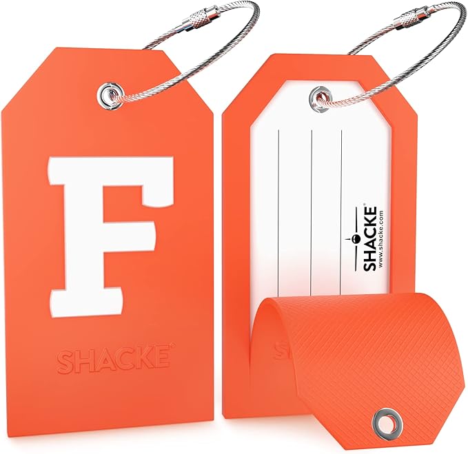 Shacke Initial Luggage Tag with Full Privacy Cover and Stainless Steel Loop – (Letter F)