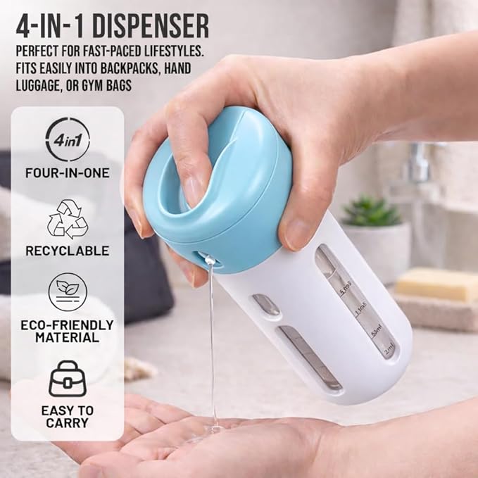 Travigo 4-in-1 Travel Dispenser Bottle, TSA Approved, Leak Proof, Four Reusable 1.4 oz. (40 mL) Toiletry Containers for Shampoo, Conditioner, Soap, Lotion, Skincare (Blue)