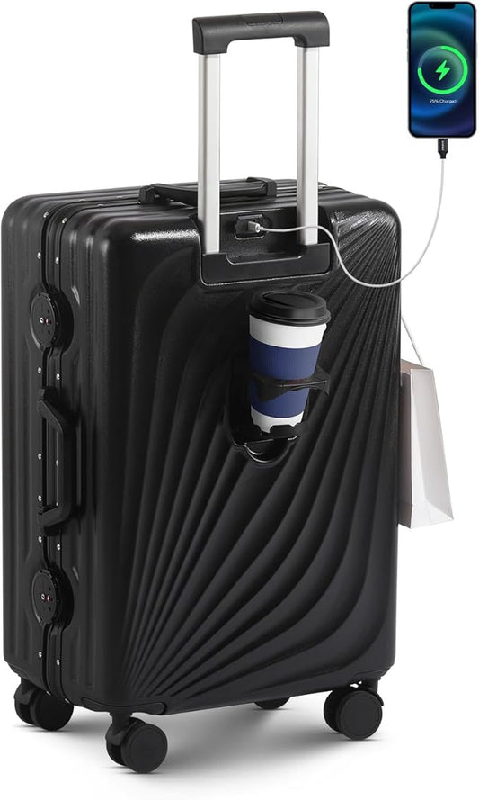 20 Inch Carry On Luggage, Zipperless Luggage with Spinner Wheels, Airline Approved Suitcase with Cup Holder, TSA Lock and USB Charger for Travel, Black