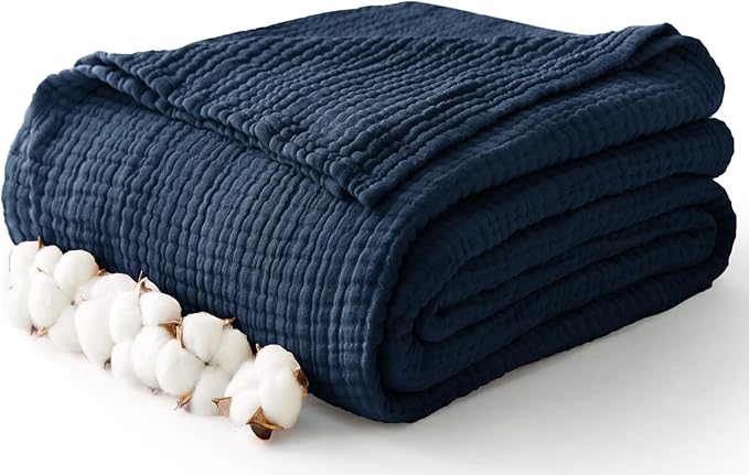 100% Cotton Muslin Blanket Queen 90" x 90", 6 Layers Breathable and Lightweight Cotton Throw Blanket for Bed, Soft Quilt Bedspread Coverlet, Gauze Blanket for Adults All Season, Navy