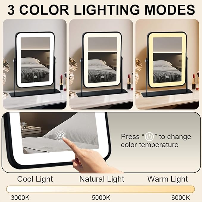 YEKKOPT Portable Desk Vanity Mirror with Lights,Black Rechargeable Small Makeup Mirror with Lights,Mini Dorm Mirror,Touch Screen with 3-Color Lighting,Dimmable,for Tabletop,Bedroom,Bathroom