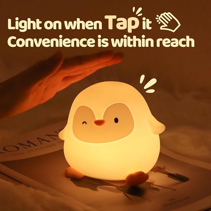 Rytinazzz Silicone Night Light for Kids, 50H Long Battery Penguin Lamp, Gift for Kids, Rechargeable Tap Control, Soft Dimmable Bedside Light with Timer