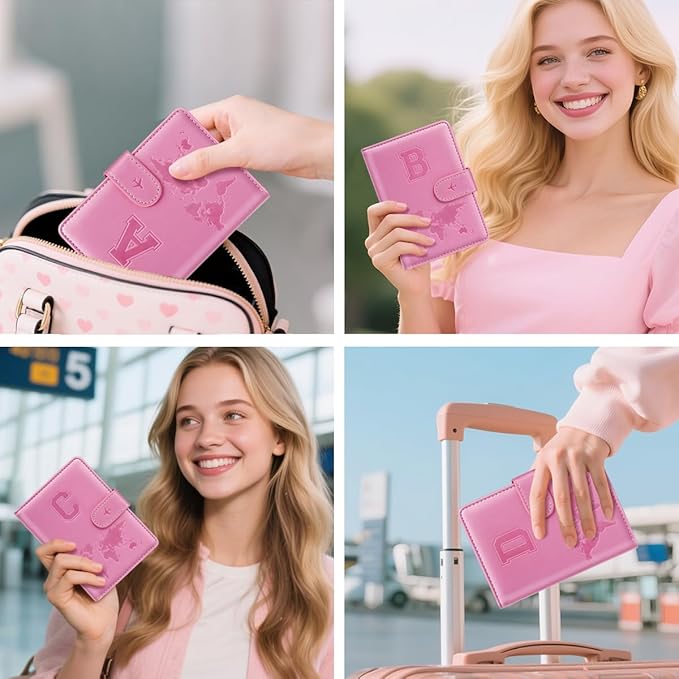 Passport Holder Cover Initail Letter A-Z Travel Wallet 3D Embossed Design RFID Blocking Card Holder Personalized Gift Passport Cover Wallet, Passport Book Holders for Women and Girls, Pink-A