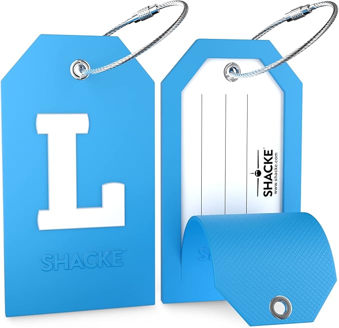 Shacke Initial Luggage Tag with Full Privacy Cover and Stainless Steel Loop - Aqua Teal (Letter L)