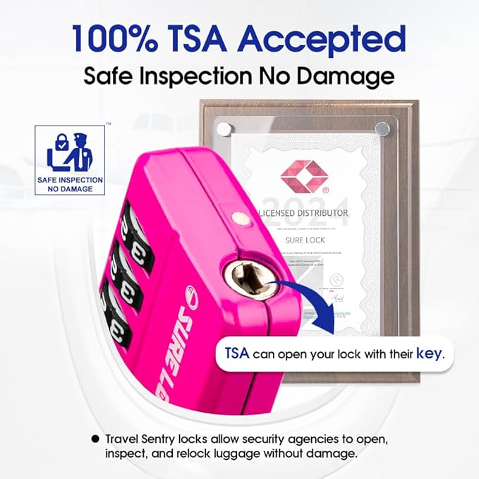 SURE LOCK TSA Approved 4-Digit Luggage Lock, Resettable Combination, Red Dot Open-Alert (Resets Only with Code), Easy-Read Black/White Dials, Hardened Shackle, Zinc Alloy (Pink 1 Pack)