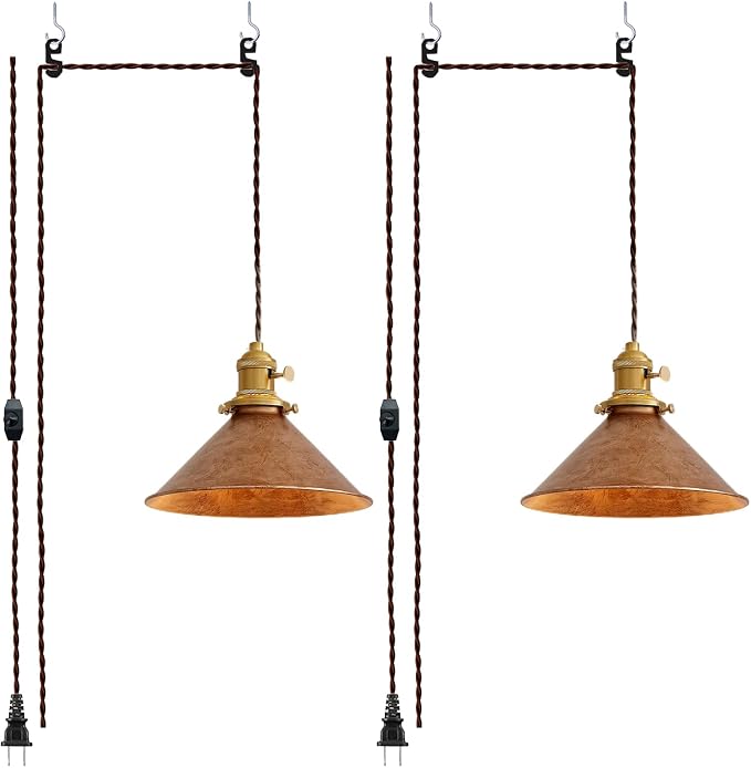 Plug in Pendant Light 8.2 Inch Rusted Copper Shade Vintage Industrial Design On/Off Switch 13Ft Adjustable Cord Hanging Lamp Plug in for Living Room,Bedroom Hanging Light 2 Pack