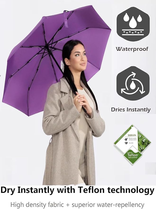 Windproof Travel Umbrella - Compact, Light, Full Automatic Open/Close - Folding Backpack Umbrella for Rain & Sun UV Preotection For Men & Women, Unbreakable 8 Fiberglass Ribs UK Design
