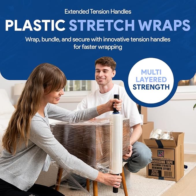 International Plastics Co. 12 Pack 15" Plastic Stretch Film Wrap with Extended Tension Handles 1200ft Each 500% Stretch Clear Cling Durable Adhering Packing Moving Heavy Duty Pallet Shrink