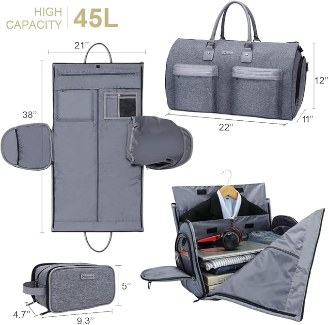 Modoker Convertible Garment Bag with Shoulder Strap, Carry on Garment Duffel Bag for Men Women - 2 in 1 Hanging Suitcase Suit Travel Bags, Grey Heather