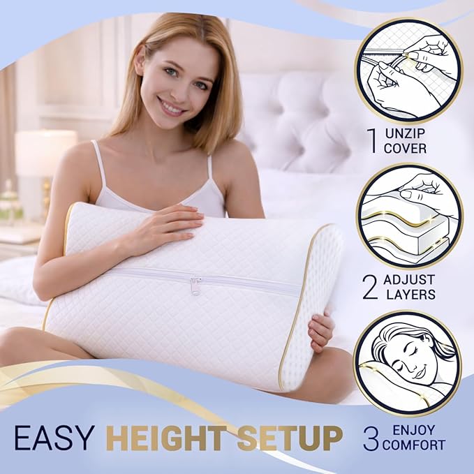 Memory Foam Pillow, Cervical Pillow (2 Pack) 4-Layer Queen, Contour Pillow, Side Sleeper, Neck Support, Pillow for Neck Pain