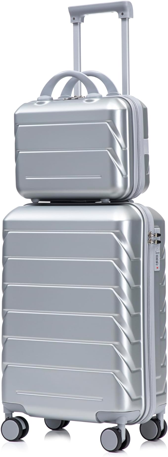 2-Piece ABS Hard Shell Lightweight Carry-On Luggage Set (14" & 20"), 360-Degree Spinner Wheels, Adjustable Telescopic Handle and Combination Lock for Travel, Silver